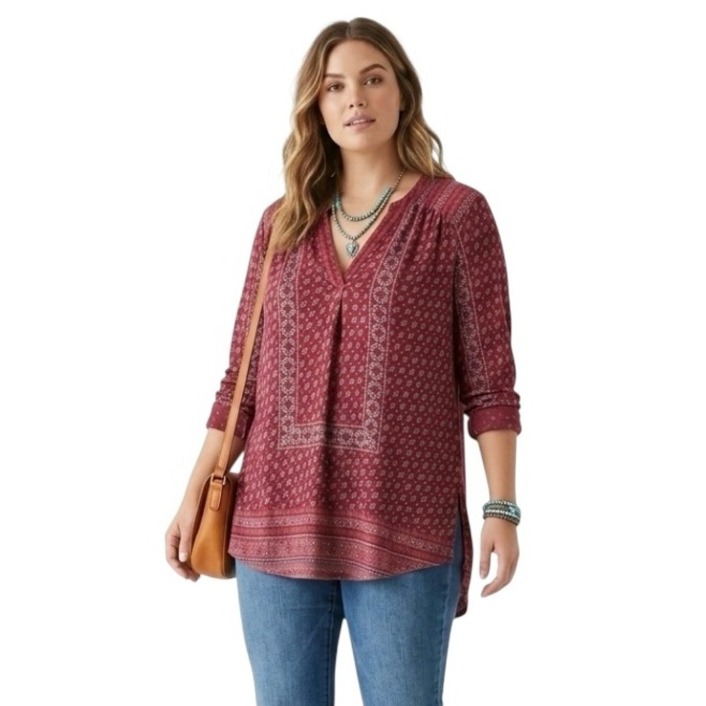 Lucky Brand Split-Neck Tunic Top Sz L Burgundy Peasant Woodland Hippie Indie